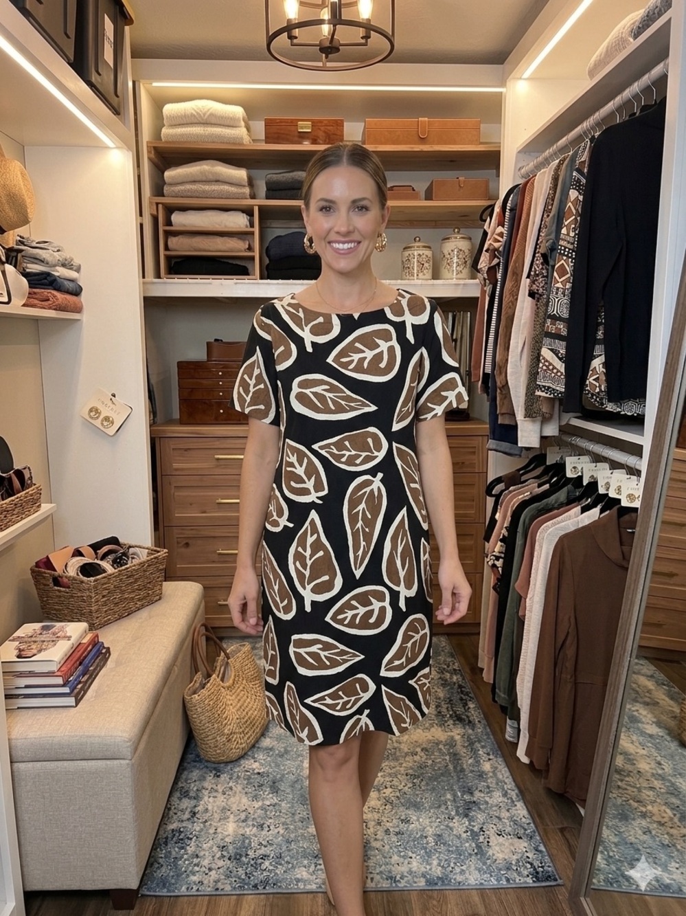 Black & Brown Leaf Print Short Sleeve Dress with earrings